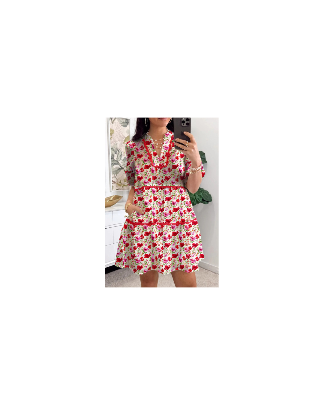 Red Floral Puff Sleeve Tiered Ric Rac Pocketed Mini Dress